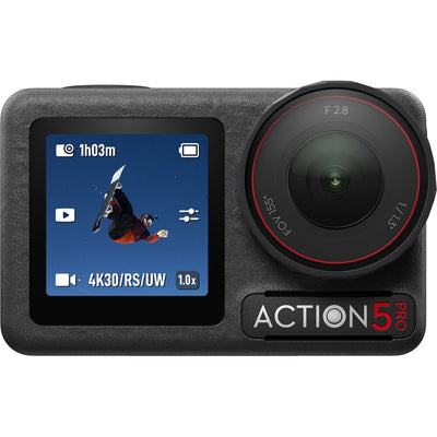 DJI Osmo Action 5 Pro action camera with front and rear OLED touchscreens, shown with included mounting accessories and protective case.