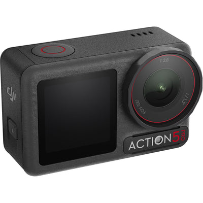 DJI Osmo Action 5 Pro action camera with front and rear OLED touchscreens, shown with included mounting accessories and protective case.