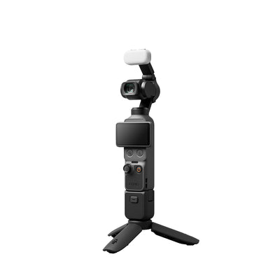 DJI Osmo Pocket 4 Creator Combo including stabilised 4K gimbal camera, DJI Mic 3 wireless transmitter, magnetic fill light, and battery handle.

