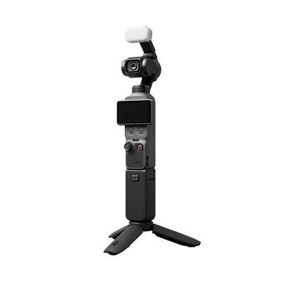 DJI Osmo Pocket 4 Creator Combo including stabilised 4K gimbal camera, DJI Mic 3 wireless transmitter, magnetic fill light, and battery handle.
