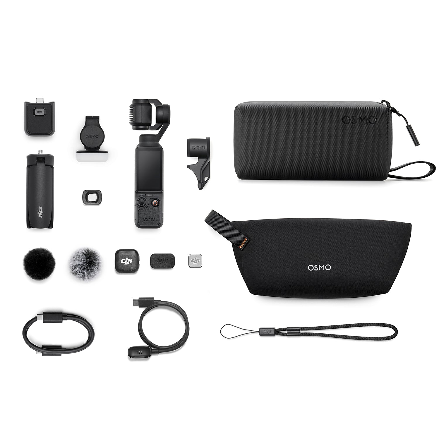 DJI Osmo Pocket 4 Creator Combo including stabilised 4K gimbal camera, DJI Mic 3 wireless transmitter, magnetic fill light, and battery handle.