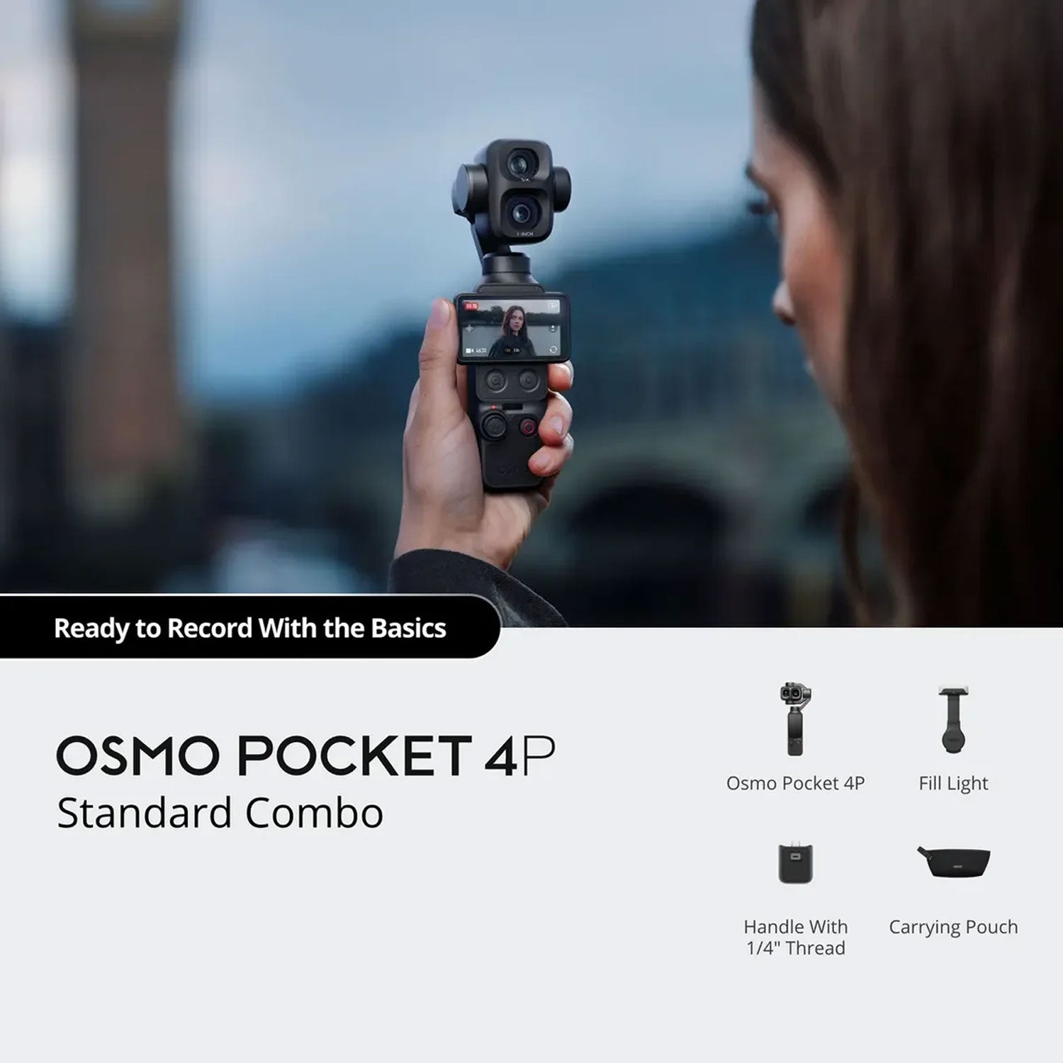 DJI Osmo Pocket 4P dual-lens 4K gimbal camera with 4K 240fps slow motion and 17-stop dynamic range.
