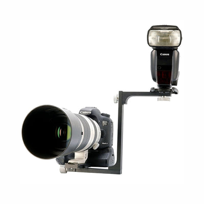 DJPhoto Telephoto Flash Bracket designed for telephoto lenses to reduce shadows and red-eye.