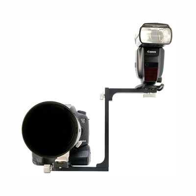 DJPhoto Telephoto Flash Bracket designed for telephoto lenses to reduce shadows and red-eye.