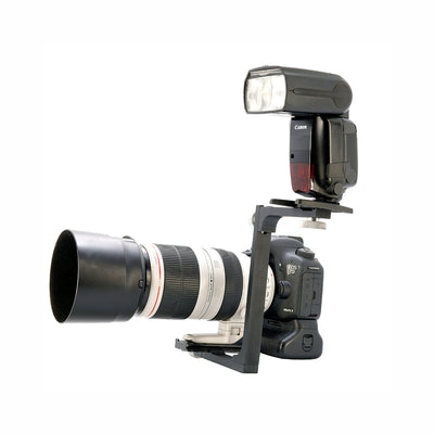 DJPhoto Telephoto Flash Bracket designed for telephoto lenses to reduce shadows and red-eye.