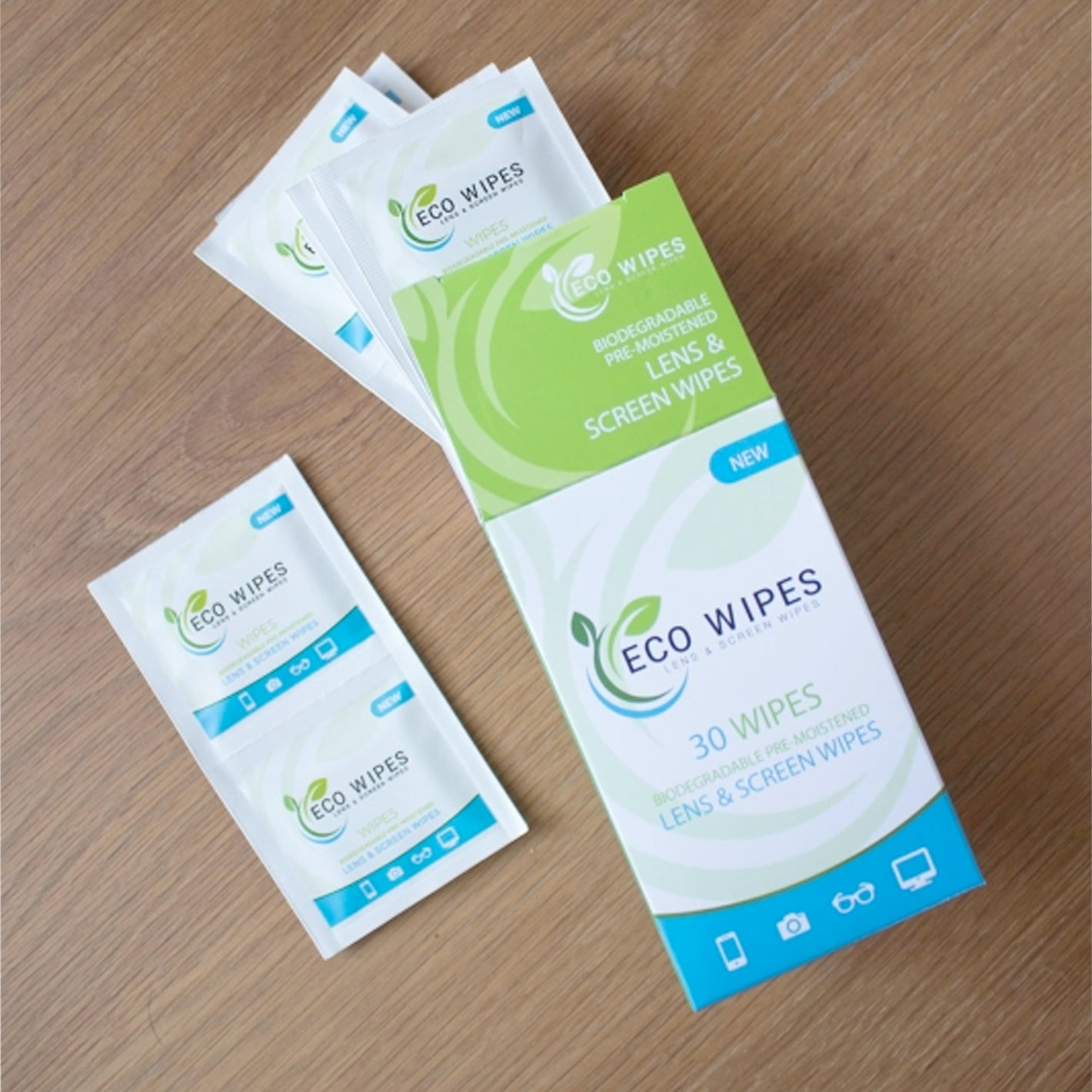 Eco Lens Screen Wipes 30-pack in green and white packaging, showing individually wrapped moist cleaning wipes for lenses, screens, and camera sensors.