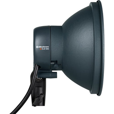Black studio light with 'elinchrom' branding on a white background