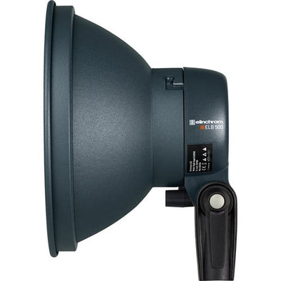 Photographic flash unit with a large lens hood on a white background