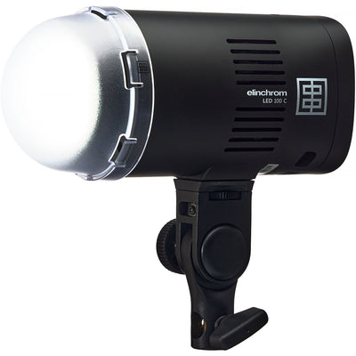 Black photography studio light with visible Elinchrom branding on a white background