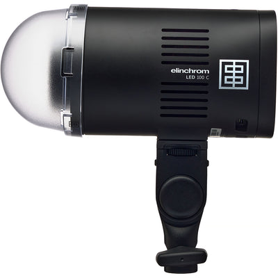 Black studio flash light with 'elinchrom' branding on a white background