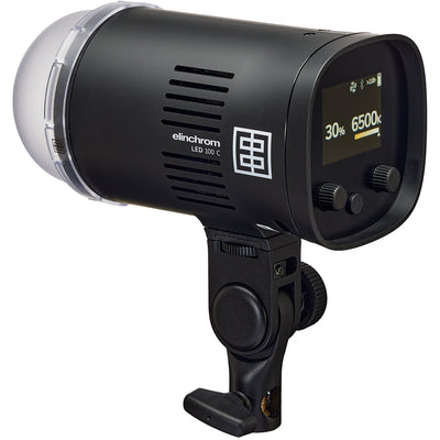 Black camera flash with digital display on a white background