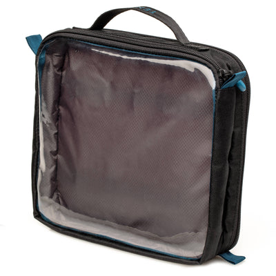 Two-sided Cable Duo pouch for organising cables, chargers, batteries, and small accessories, crafted from durable water-resistant polyester.