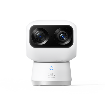 The Eufy Indoor 4K Dual Cam S350 is a security camera for indoor use, featuring a dual-camera system with 4K wide-angle and 2K telephoto lenses, 360-degree pan and tilt capabilities, and 8x hybrid zoom.