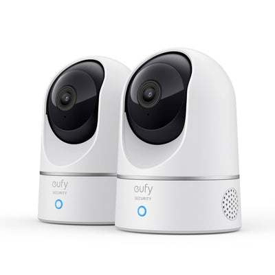 The Eufy Indoor Cam 2K E220 Twin Pack is a home security system featuring two indoor cameras with on-device AI for motion tracking, 2K video clarity, and built-in two-way audio.