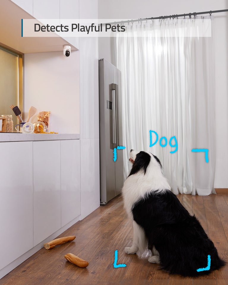 The Eufy Indoor Cam 2K E220 with MicroSD 32GB is a home security camera with on-device AI for motion detection, 2K video clarity, 360° horizontal pan and 96° vertical tilt, and two-way audio.