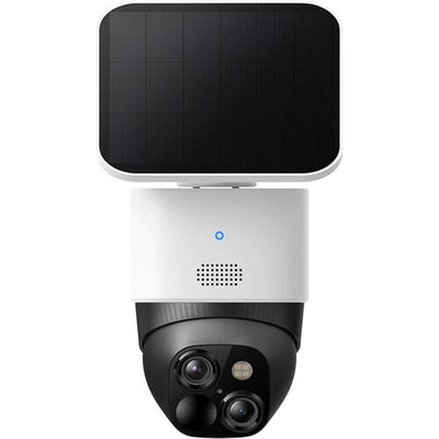 The Eufy SoloCam S340 is a solar-powered, wireless PTZ security camera featuring dual lenses (3K wide-angle + 2K telephoto) and hybrid 8× zoom for detailed close-ups.