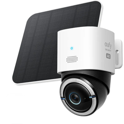 Eufy Security 4G LTE Cam S330 – white outdoor pan-tilt camera with integrated solar panel on top and 4K lens at front.
