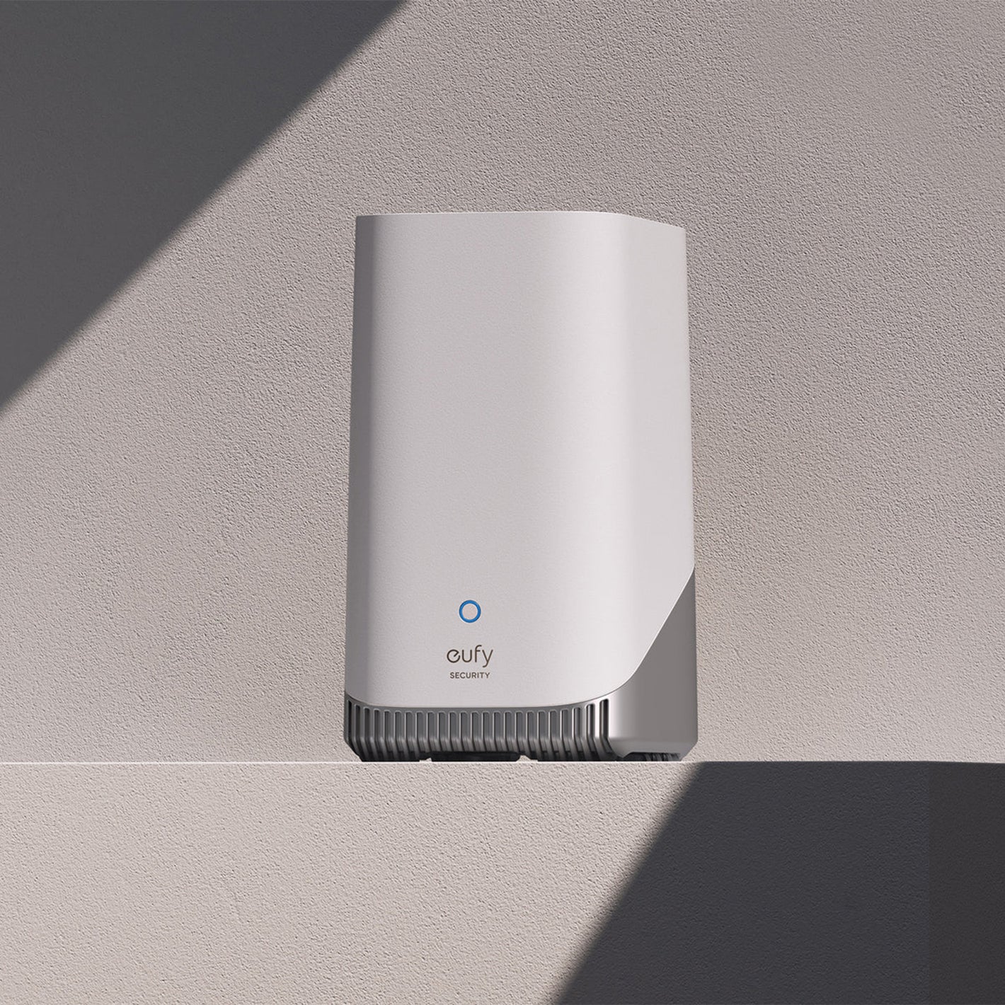 eufy Security HomeBase 3 S380 hub in white with integrated keypad and touchscreen display, featuring status LEDs and slim rectangular design for smart home connectivity.