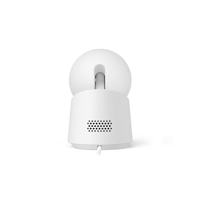 White electronic device with a circular top and cylindrical body on a white background