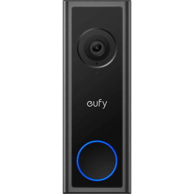 Eufy Security Video Doorbell C30 — sleek vertical black rectangle with camera lens at top and illuminated circular doorbell button below.