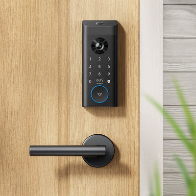 Eufy Video Smart Lock E330 with fast fingerprint recognition, 2K HD camera with f/1.6 lens, video doorbell, Wi-Fi connectivity, and rechargeable 10,000mAh battery.