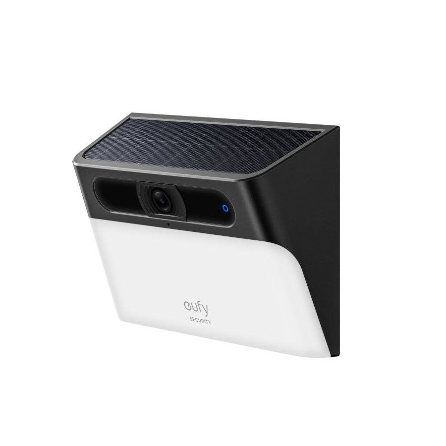 Eufy Wall Light Solar Cam S120 - sleek black outdoor wall-mounted security light with integrated solar panel and camera.