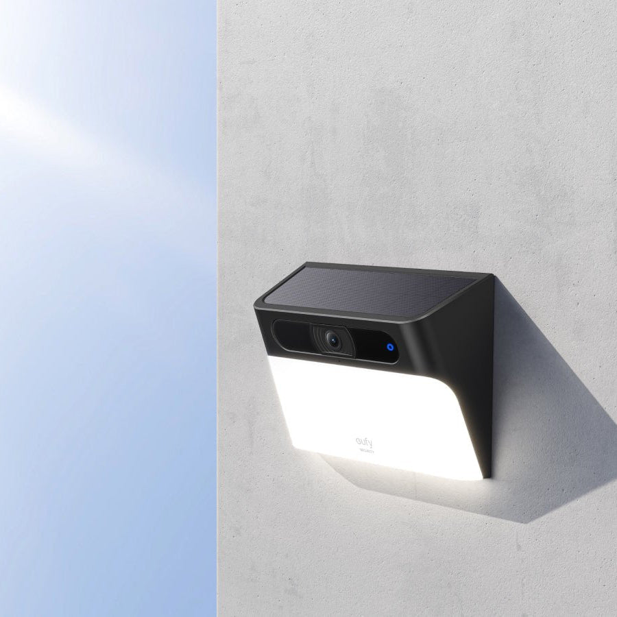 Eufy Wall Light Solar Cam S120 - sleek black outdoor wall-mounted security light with integrated solar panel and camera.