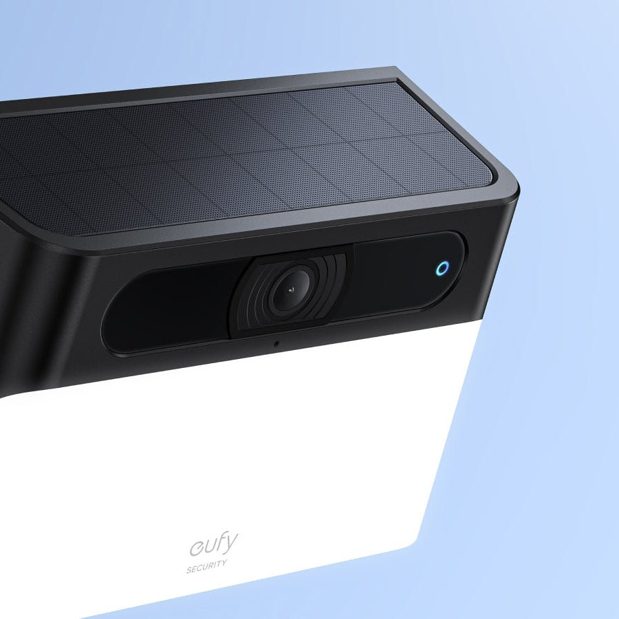 Eufy Wall Light Solar Cam S120 - sleek black outdoor wall-mounted security light with integrated solar panel and camera.