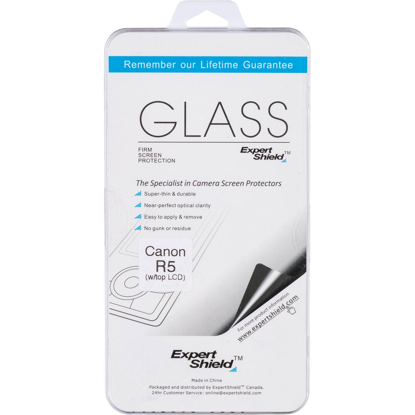 Expert Shield screen protector packaging for Canon R5 camera on a white background
