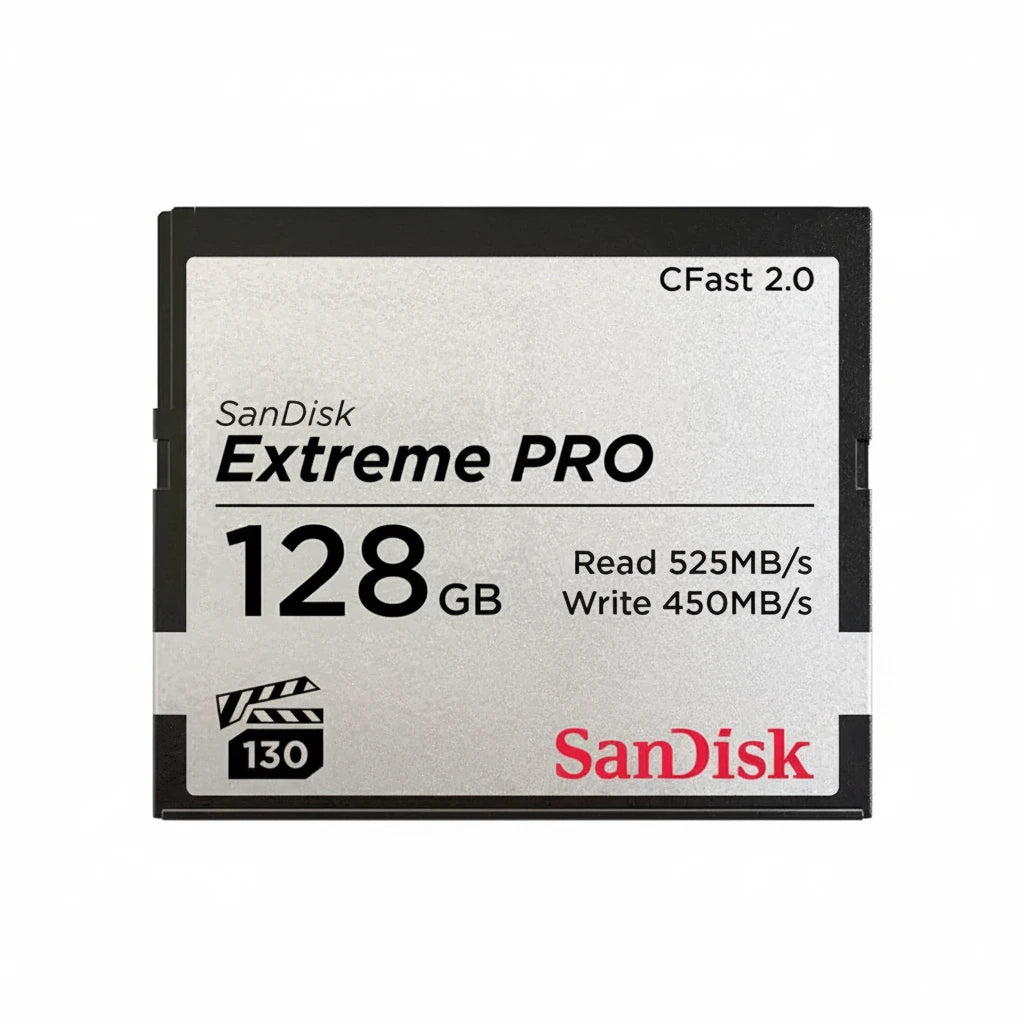 SanDisk Extreme Pro 128GB CFast 2.0 memory card on a white background