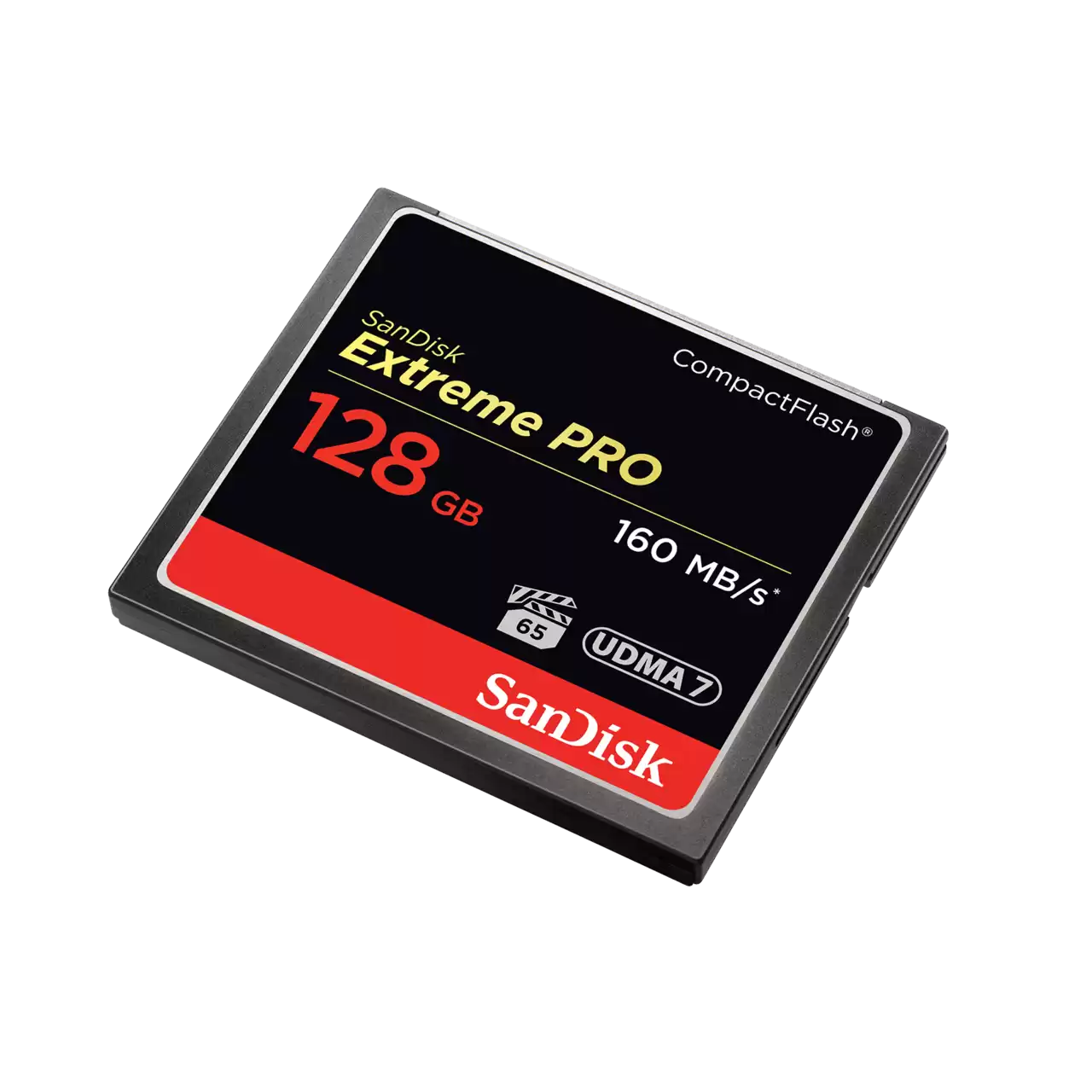 SanDisk Extreme PRO 128GB CompactFlash card on a white background