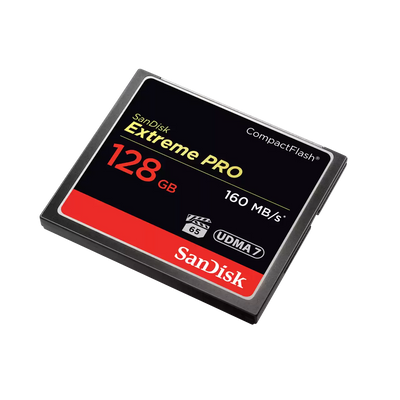 SanDisk Extreme PRO 128GB CompactFlash card on a white background