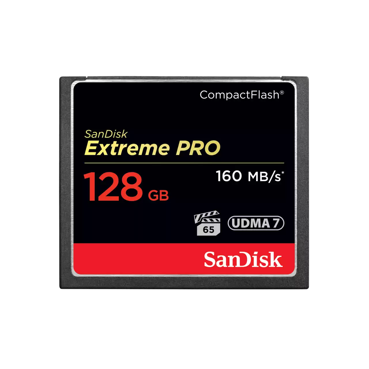 SanDisk Extreme PRO 128GB CompactFlash card on a white background
