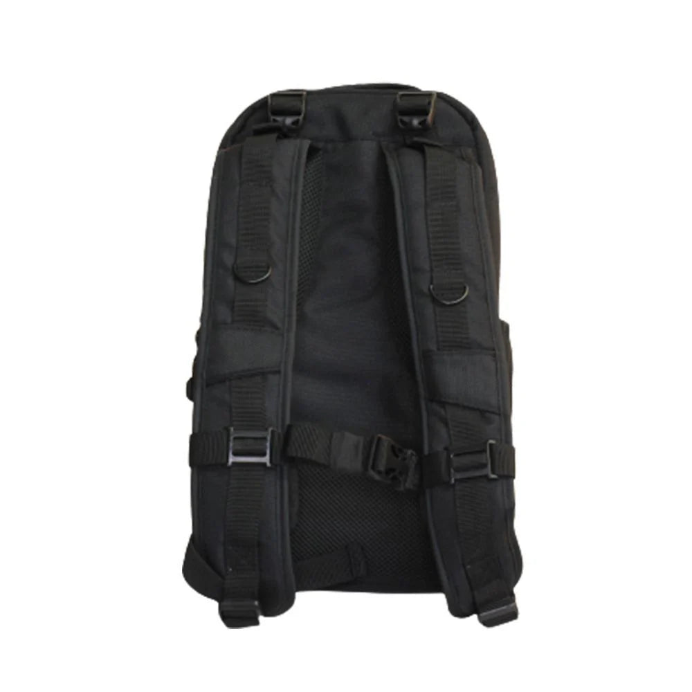 Black backpack with multiple straps on a white background