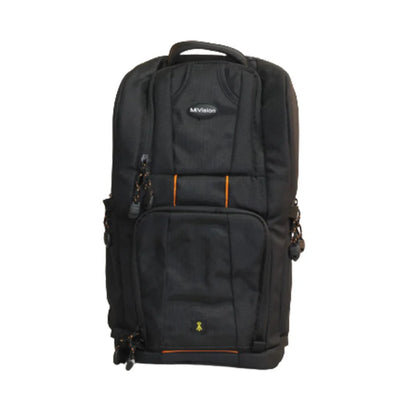 Black backpack with visible brand logo on a white background