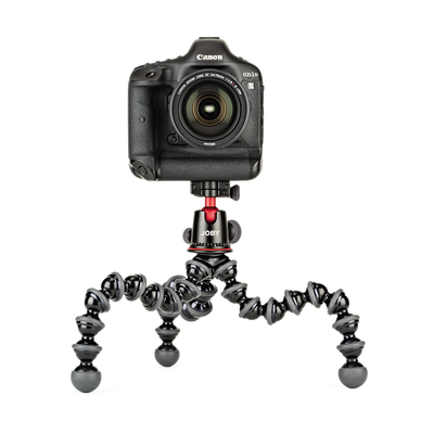 Canon camera mounted on a Joby gorilla pod stand on a white background