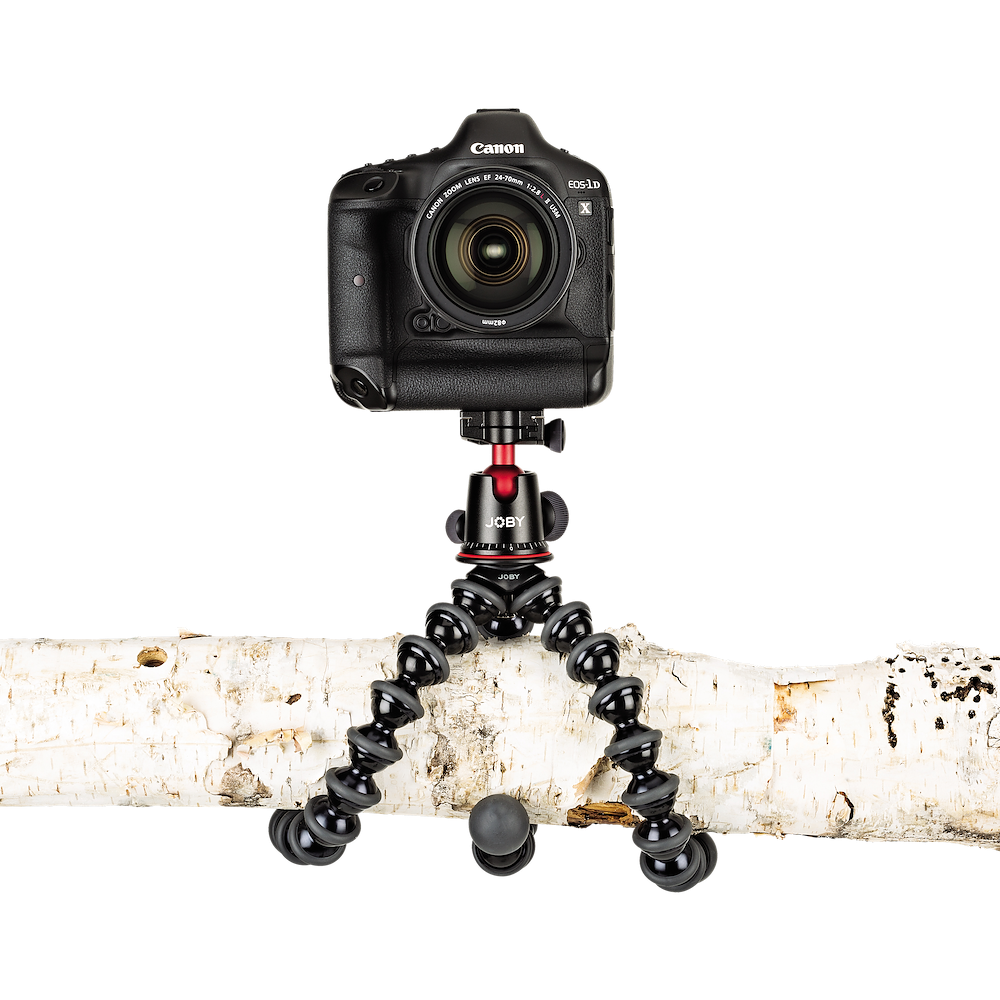Canon camera on a Joby gorillapod stand with a white background