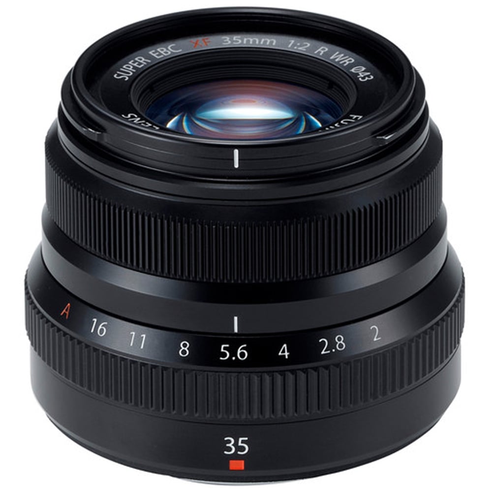 Camera lens with focus and aperture controls on a white background