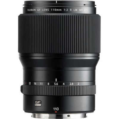 Fujifilm GF 110mm f/2 R LM WR lens. Medium-format prime with f/2 aperture, fast AF, weather-resistant build, and stunning sharpness for portraits.