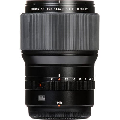 Fujifilm GF 110mm f/2 R LM WR lens. Medium-format prime with f/2 aperture, fast AF, weather-resistant build, and stunning sharpness for portraits.