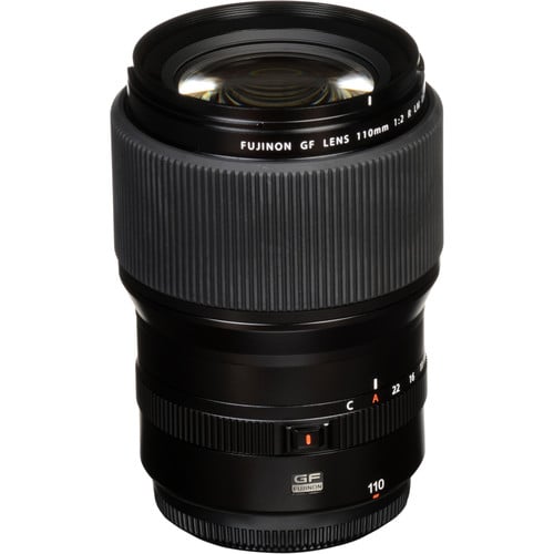 Fujifilm GF 110mm f/2 R LM WR lens. Medium-format prime with f/2 aperture, fast AF, weather-resistant build, and stunning sharpness for portraits.