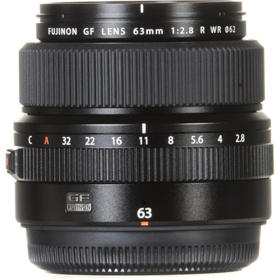 Fujinon GF 63mm f/2.8 R WR medium format lens for FUJIFILM GFX cameras, compact and lightweight with weather-resistant construction.