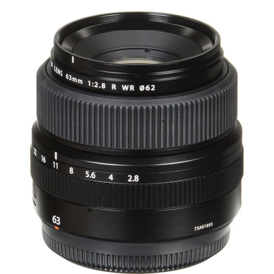 Fujinon GF 63mm f/2.8 R WR medium format lens for FUJIFILM GFX cameras, compact and lightweight with weather-resistant construction.