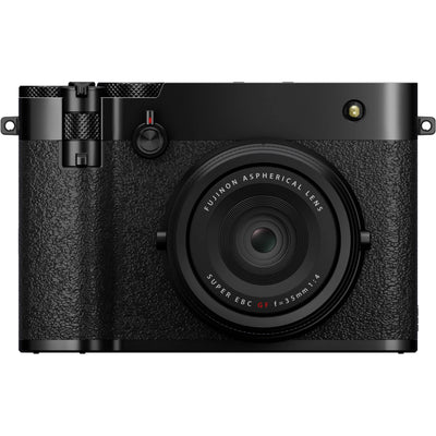 Black Fujifilm GFX 100RF digital camera featuring a compact medium format 102MP sensor, fixed 35mm f/4 lens with leaf shutter and built-in 4-stop ND filter, 3.2-inch tilting touchscreen, AI autofocus with subject detection, 4K video recording, and weather-sealed aluminum body.