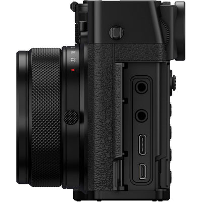 Black Fujifilm GFX 100RF digital camera featuring a compact medium format 102MP sensor, fixed 35mm f/4 lens with leaf shutter and built-in 4-stop ND filter, 3.2-inch tilting touchscreen, AI autofocus with subject detection, 4K video recording, and weather-sealed aluminum body.