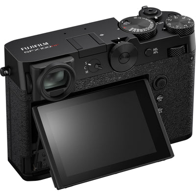 Black Fujifilm GFX 100RF digital camera featuring a compact medium format 102MP sensor, fixed 35mm f/4 lens with leaf shutter and built-in 4-stop ND filter, 3.2-inch tilting touchscreen, AI autofocus with subject detection, 4K video recording, and weather-sealed aluminum body.