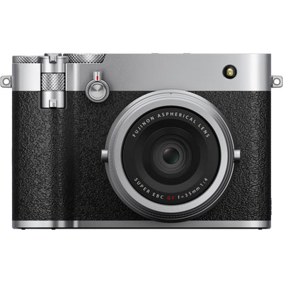 Silver Fujifilm GFX 100RF medium format digital camera with a 102MP CMOS II sensor, fixed 35mm f/4 lens with 4-stop ND filter, 3.15-inch tilting touchscreen, OLED EVF, advanced autofocus, multiple aspect ratio dial, 4K video, and lightweight aluminum body.