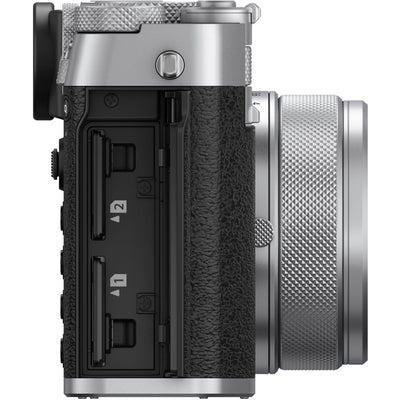 Silver Fujifilm GFX 100RF medium format digital camera with a 102MP CMOS II sensor, fixed 35mm f/4 lens with 4-stop ND filter, 3.15-inch tilting touchscreen, OLED EVF, advanced autofocus, multiple aspect ratio dial, 4K video, and lightweight aluminum body.