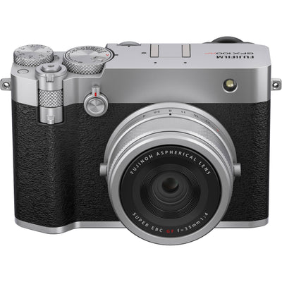 Silver Fujifilm GFX 100RF medium format digital camera with a 102MP CMOS II sensor, fixed 35mm f/4 lens with 4-stop ND filter, 3.15-inch tilting touchscreen, OLED EVF, advanced autofocus, multiple aspect ratio dial, 4K video, and lightweight aluminum body.
