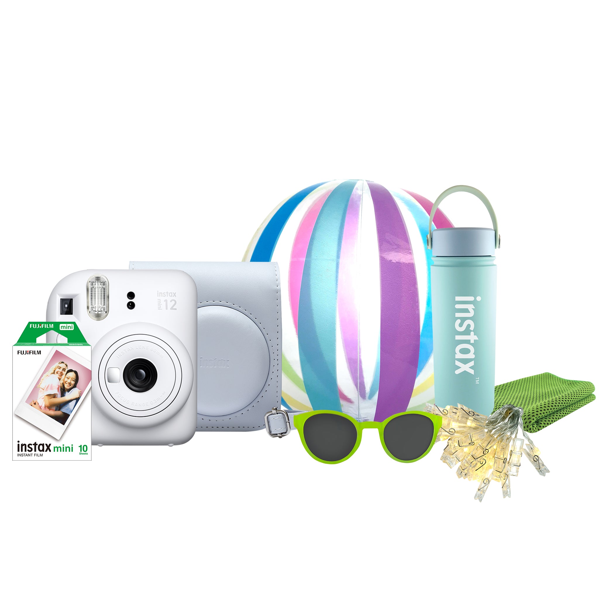 Fujifilm Instax Mini 12 camera with mini film pack and playful extras for parties.

